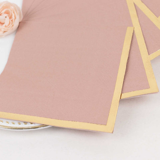 50 - Pack Paper Beverage Napkins Dusty Rose with Gold Foil Edge - 2 Ply Disposable Soft 18GSM Cocktail Napkins 5"x5" - Bell Racket Store
