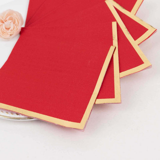 50 - Pack Paper Beverage Napkins Red with Gold Foil Edge - 2 Ply Disposable Soft 18GSM Cocktail Napkins 5"x5" - Bell Racket Store
