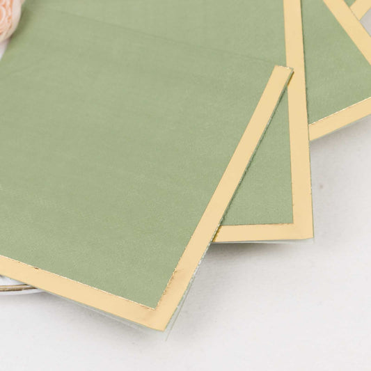 50 - Pack Paper Beverage Napkins Sage Green with Gold Foil Edge - 2 Ply Disposable Soft 18GSM Cocktail Napkins 5"x5" - Bell Racket Store