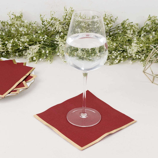 50 - Pack Paper Beverage Napkins with Gold Foil Edge Burgundy - Disposable 2 Ply Cocktail Napkins for Events 6.5"x6.5" - Bell Racket Store