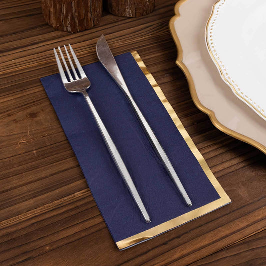 50 - Pack Paper Dinner Napkins Navy Blue with Gold Foil Edge 2 Ply - Stylish Disposable Napkins - Bell Racket Store