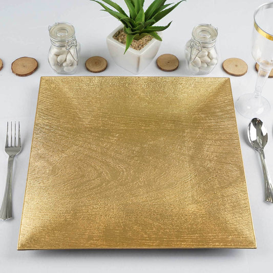 6 - Pack Acrylic Square Charger Plates 12" in Gold with Embossed Wood Grain, Boho Chic Dinner Party Decor Charger Tableware - NestOCart