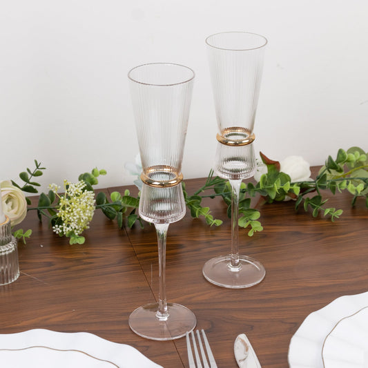 6 - Pack Clear Champagne Flutes – 6oz Real Glass, Ribbed Stemware with Gold Ring Accent, Elegant Toasting Glasses for Weddings, Parties & Celebrations – 10" Tall - Bell Racket Store