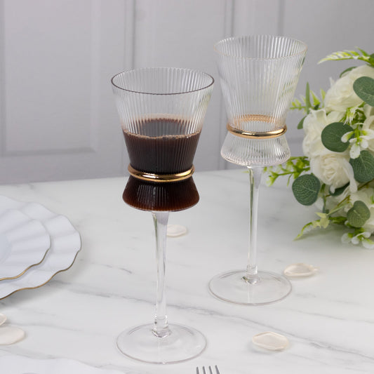 6 - Pack Clear Wine Glasses – 9oz Real Glass, Ribbed Design with Gold Ring Accent, Elegant Glassware for Celebrations – 9" Tall - Bell Racket Store