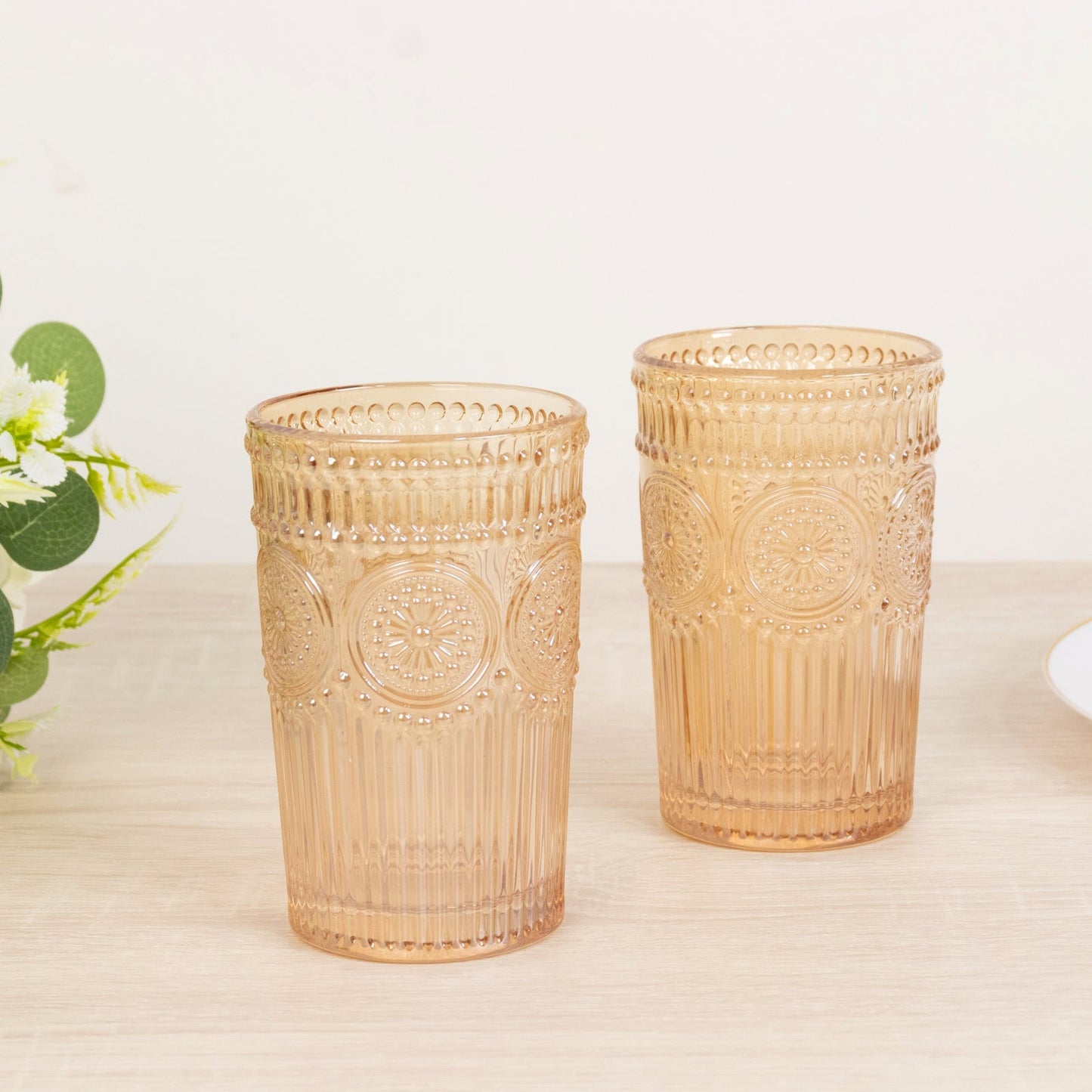 6 Pack Embossed Glass Tumblers – 13oz Amber Gold Vintage Textured Floral Drinking Cups for Water & Cocktails - Bell Racket Store
