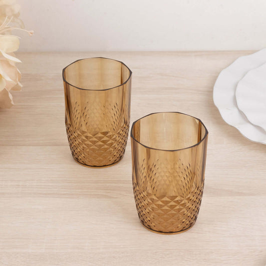 6 - Pack Plastic Short Tumblers Amber Gold Transparent Crystal Cut Style - Reusable All - Purpose Glasses 16oz - Bell Racket Store