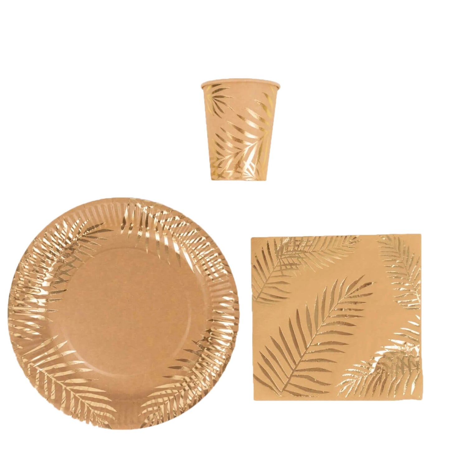 72 Pcs Paper Dinnerware Set with Gold Foil Palm Leaves Print Natural - Disposable Tableware Combo - Pack with Plates and Cups - Bell Racket Store