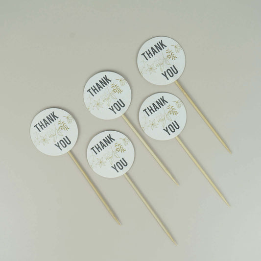 50-Pack Bamboo Cupcake Toppers Thank You Tag Round Design - Decorative Top Cocktail Picks 5.5"