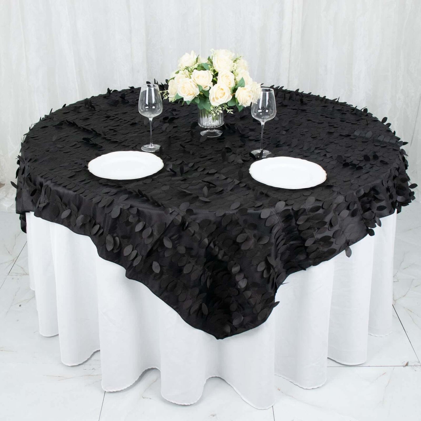 Taffeta 72"x72" Table Overlay Square Tablecloth Black - 3D Leaf Petal Table Cover