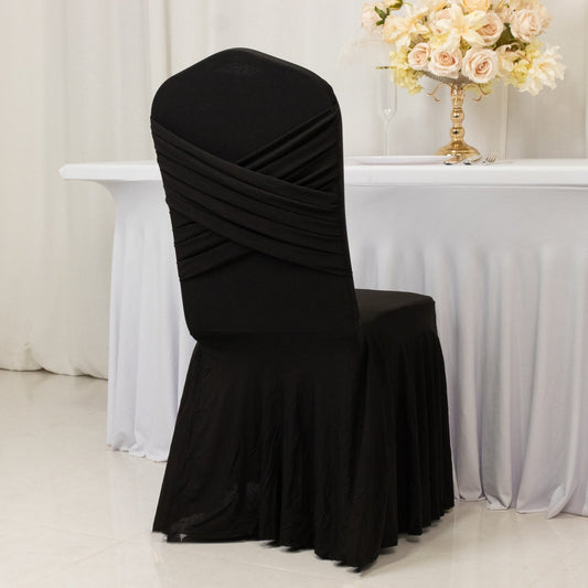 Black Spandex Banquet Chair Cover with Ruffle Skirt & Cross Back Sash – Stretch Slipcover for Events - Bell Racket Store