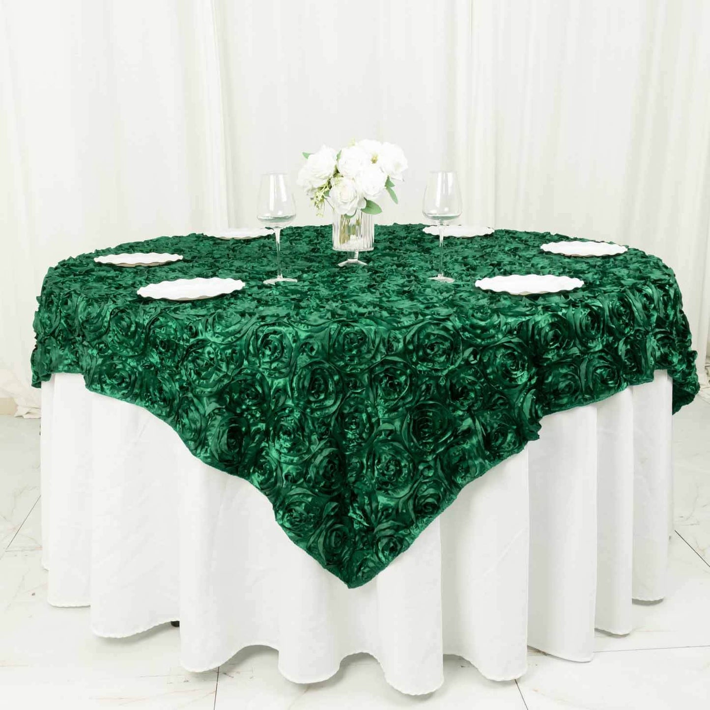 Satin 72"x72" Table Overlay Square Tablecloth Hunter Emerald Green - 3D Rosette Table Cover