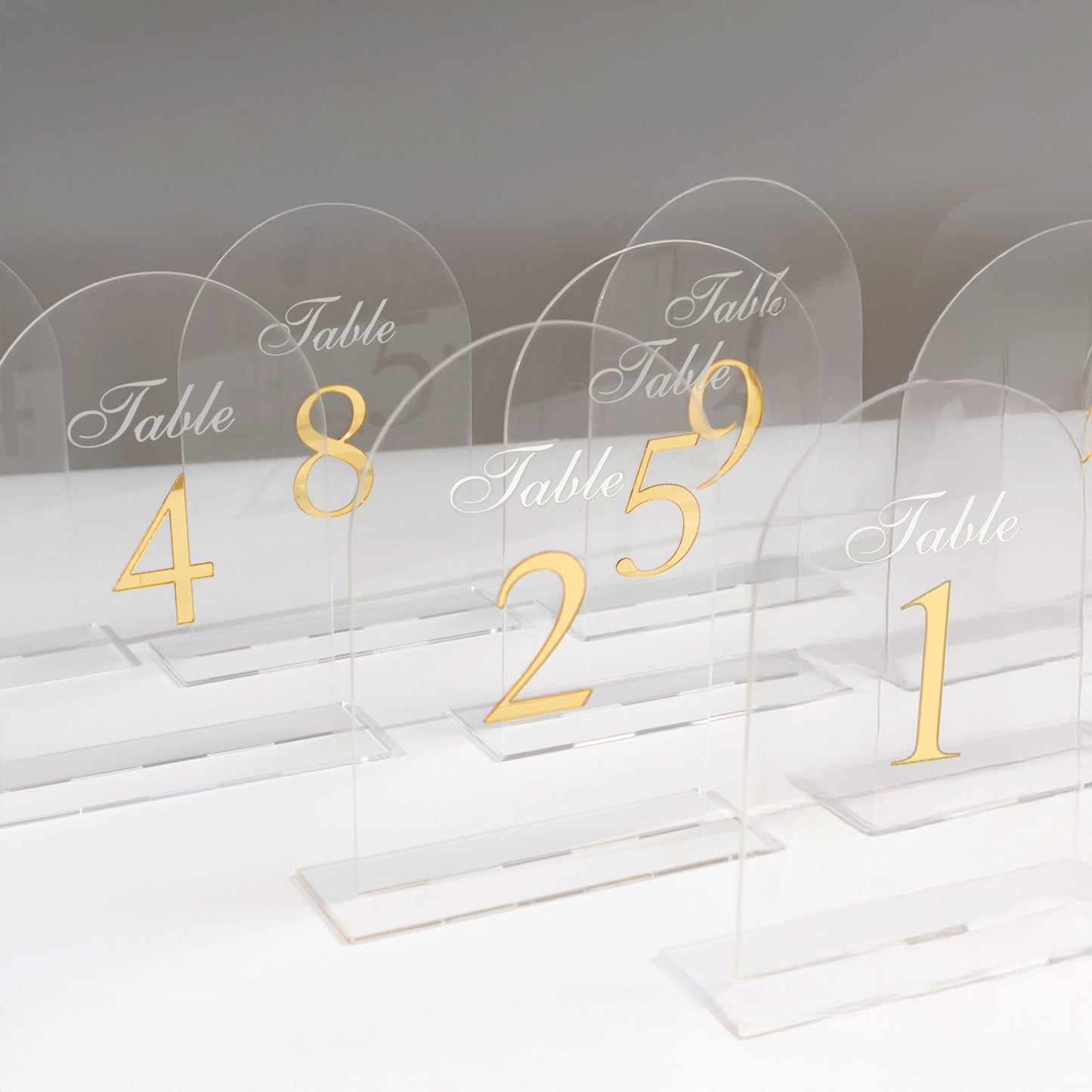 Clear Arch Acrylic Table Numbers (1 - 10) - 6"x7" Wedding Reception Signs with Gold Print & Stands - Bell Racket Store