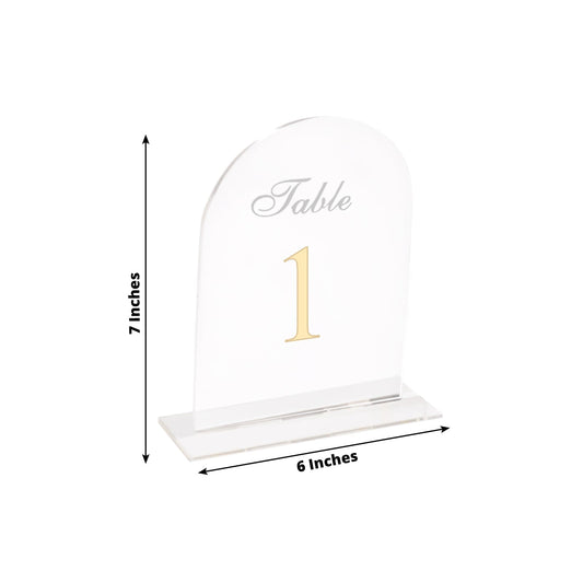 Clear Arch Acrylic Table Numbers (1 - 10) - 6"x7" Wedding Reception Signs with Gold Print & Stands - Bell Racket Store