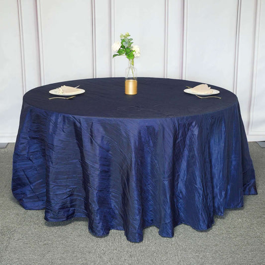 Taffeta 120" Round Tablecloth Navy Blue - Seamless Accordion Crinkle Table Cover