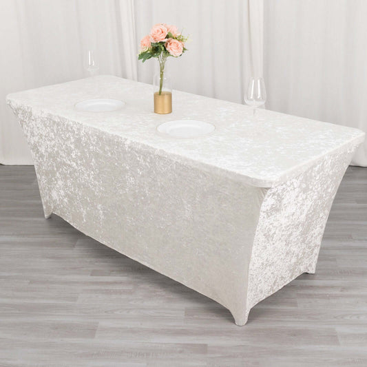 Crushed Velvet Fitted Rectangular 6ft Table Cover White - Wrinkle - Free Stretchy Tablecloth for Weddings and Banquets - Bell Racket Store