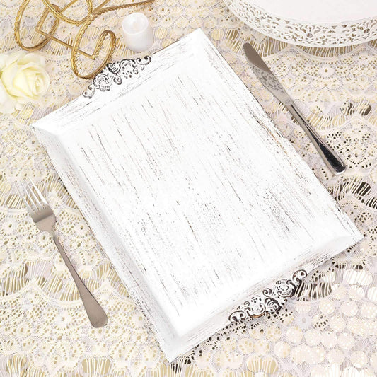 2-Pack Acrylic Rectangle Serving Trays 14"x10" in White Wash with Embossed Handles, Antique Decorative Dinner Party Food Platters