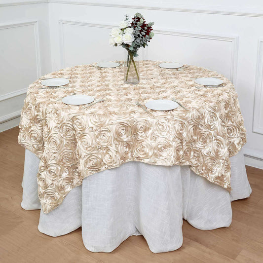 Satin 72"x72" Table Overlay Square Tablecloth Beige - 3D Rosette Table Cover