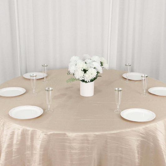 Taffeta 132" Round Tablecloth Beige - Seamless Accordion Crinkle Table Cover