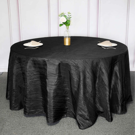 Taffeta 120" Round Tablecloth Black - Seamless Accordion Crinkle Design for Stylish Occasions