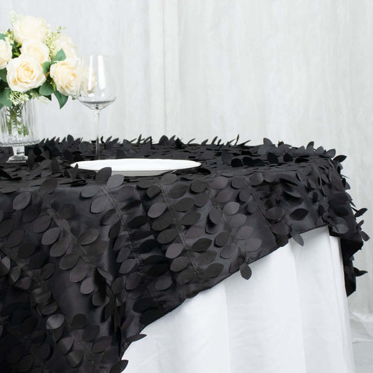 Taffeta 72"x72" Table Overlay Square Tablecloth Black - 3D Leaf Petal Table Cover