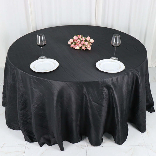 Taffeta 132" Round Tablecloth Black - Seamless Accordion Crinkle Design for Exquisite Occasions