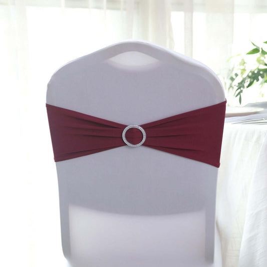 5 Pack Stretch Spandex Chair Sashes Burgundy - Reusable Chair Bands with Silver Diamond Ring Slide Buckle 5"x14"