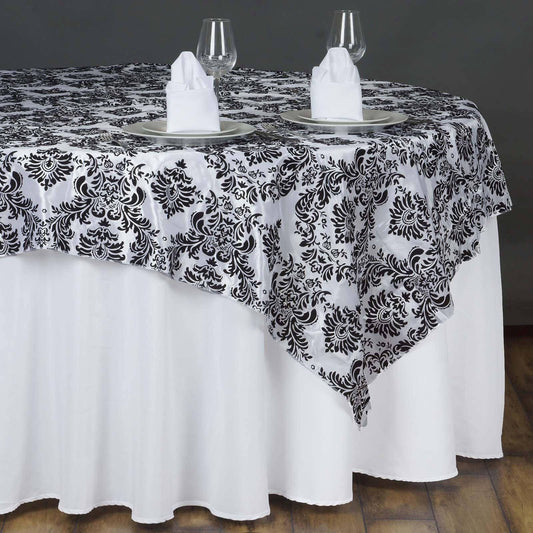 Flocking 90"x90" Table Overlay Square Tablecloth Black - Damask Design for Sophisticated Occasions