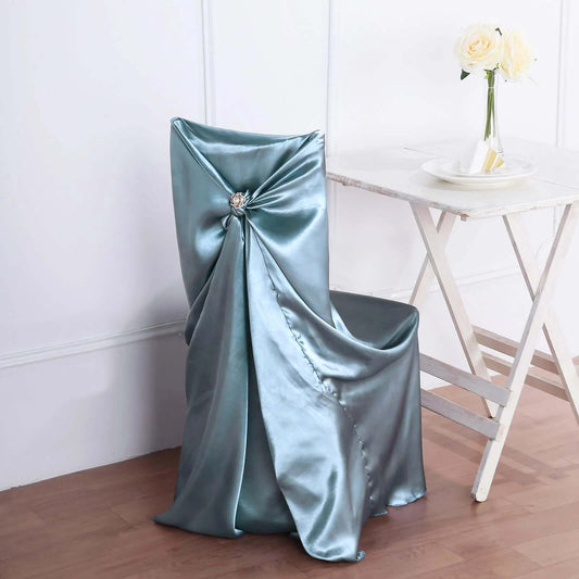 Satin Chair Cover Self-Tie Universal Design Dusty Blue - Durable Slip-On Cover for Folding, Dining, Banquet & Standard Chairs