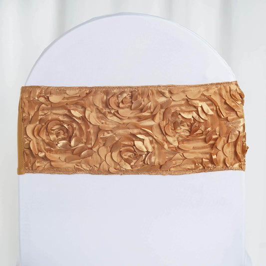 5 Pack Satin Spandex Chair Sashes Gold - Rosette Design Stretch Chair Bands 6"x14"
