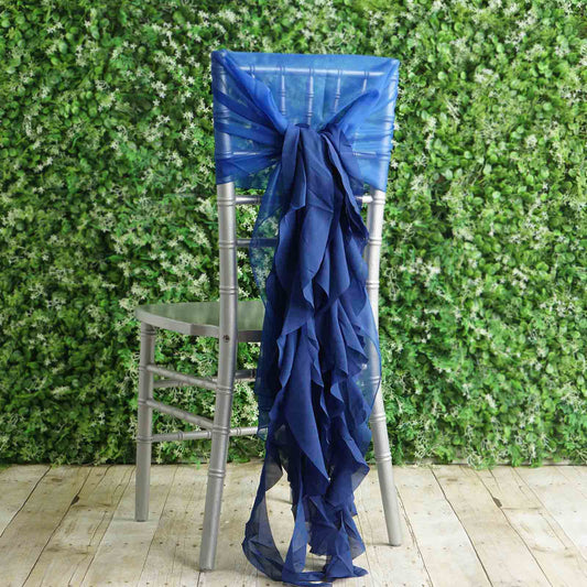 1 Set Chiffon Hoods Chair Sashes with Willow Ruffles Design Royal Blue - Stylish Chair Bow Decor