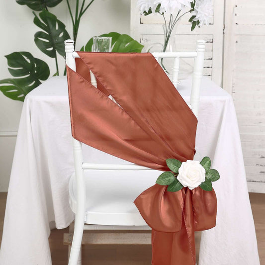 5 Pack Satin Chair Sashes Terracotta (Rust) - Durable Chair Bows with Shiny Finish 6"x106"
