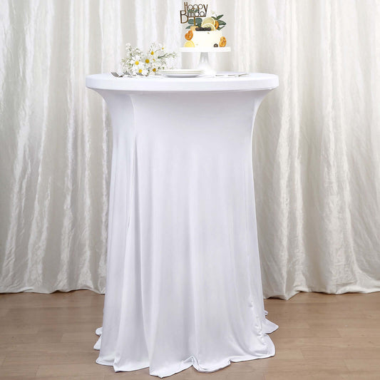 Spandex 30" Round Cocktail Table Cover Skirt White With Natural Wavy Drapes