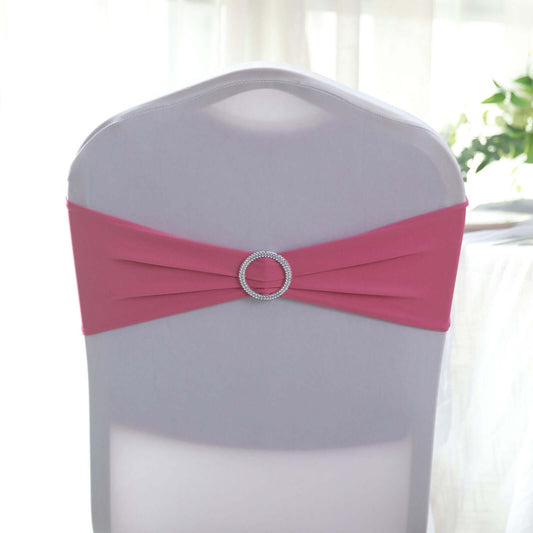 5 Pack Stretch Spandex Chair Sashes Fuchsia - Reusable Chair Bands with Silver Diamond Ring Slide Buckle 5"x14"