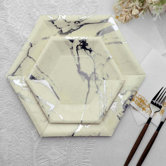 25-Pack Paper 8.5" Hexagon Dessert Plates in Ivory with Silver Marble Design - Disposable Geometric 400GSM Appetizer Salad Plates for Events & Banquets