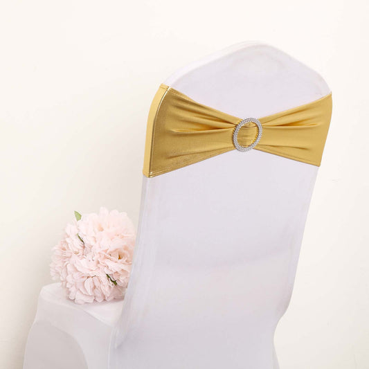 5 Pack Metallic Spandex Chair Sashes Gold - Stretch Fit Chair Bands With Round Diamond Buckles for Glamorous Event Decor
