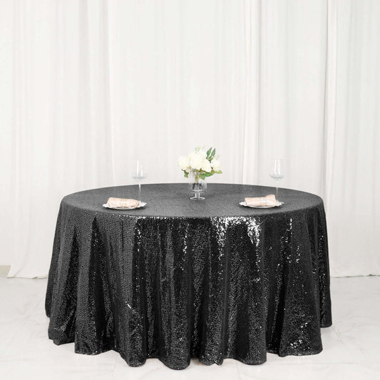 Sequin 120" Round Tablecloth Black - Seamless Glittering Table Cover