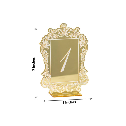 Gold Mirror Arch Acrylic Table Numbers (1 - 10) - 5"x7" Wedding Reception Signs with Baroque Lace Border, White Print & Stands - Bell Racket Store