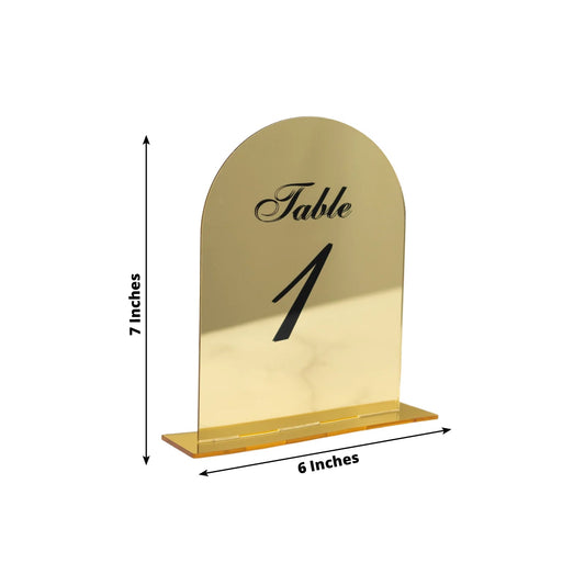 Gold Mirror Arch Acrylic Table Numbers (1 - 10) - 6"x7" Wedding Reception Signs with Black Print & Stands - Bell Racket Store
