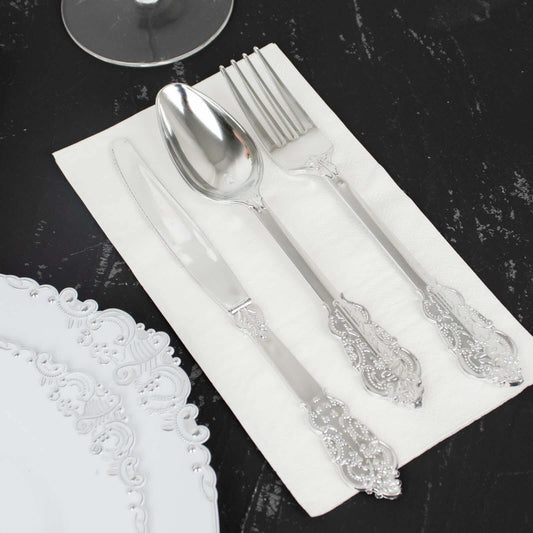 24 Pcs Plastic Silverware Set in Baroque Style Metallic Silver - Heavy Duty Disposable Knife, Fork, and Spoon Set