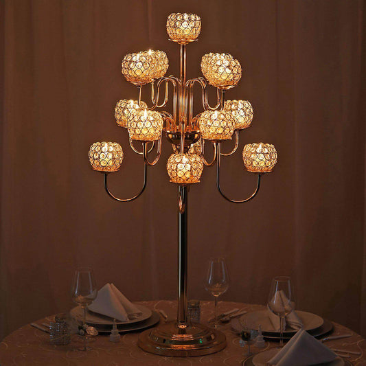 Metal Crystal Beaded Candelabra Gold 13 Arm Design - Table Centerpiece for Events 40"