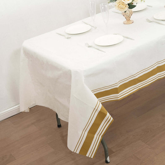 Linen - Like Paper 50"x108" Rectangle Tablecloth White - Disposable Airlaid Table Cover with Gold Striped Border - Bell Racket Store