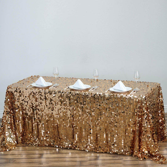 Sequin 90"x156" Rectangle Tablecloth Gold - Seamless Big Payette Design for Luxe Celebrations