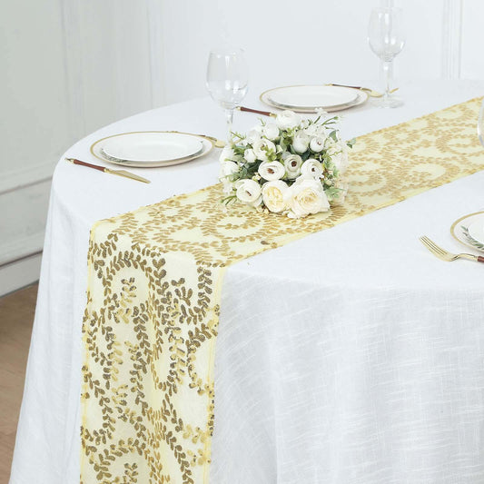 Mesh 12"x108" Table Runner Gold - Leaf Vine Sequin Embroidered Design for Sophisticated Occasion - Bell Racket Store