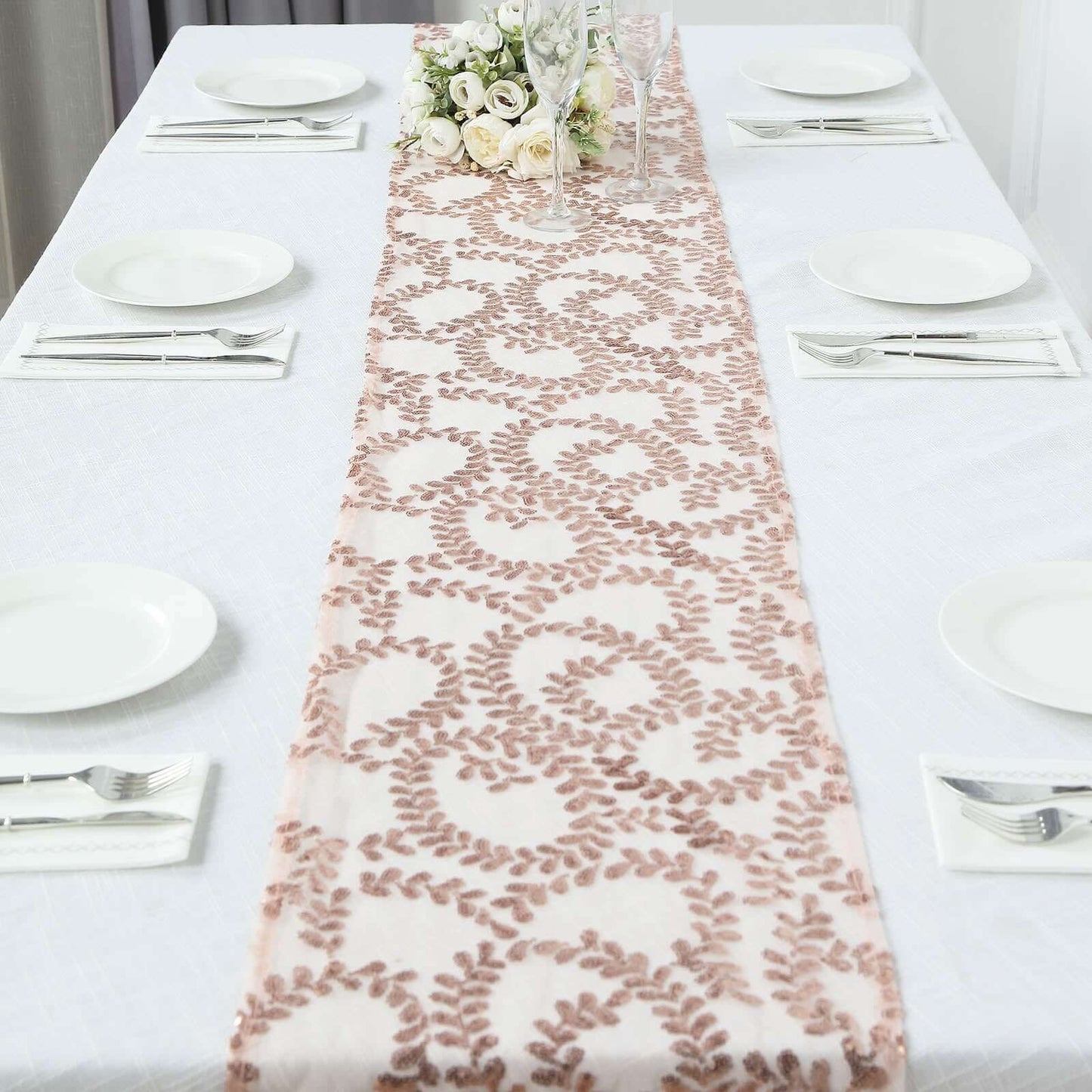 Mesh 12"x108" Table Runner Rose Gold - Leaf Vine Embroidery - Bell Racket Store