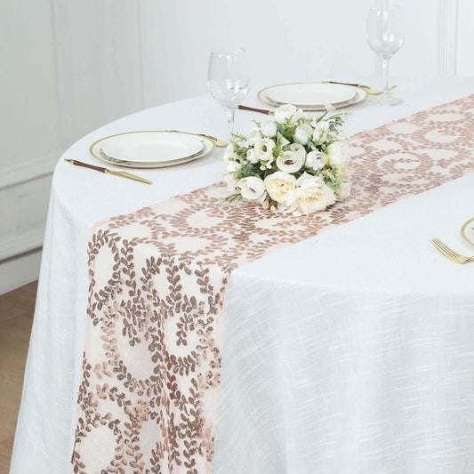Mesh 12"x108" Table Runner Rose Gold - Leaf Vine Embroidery - Bell Racket Store