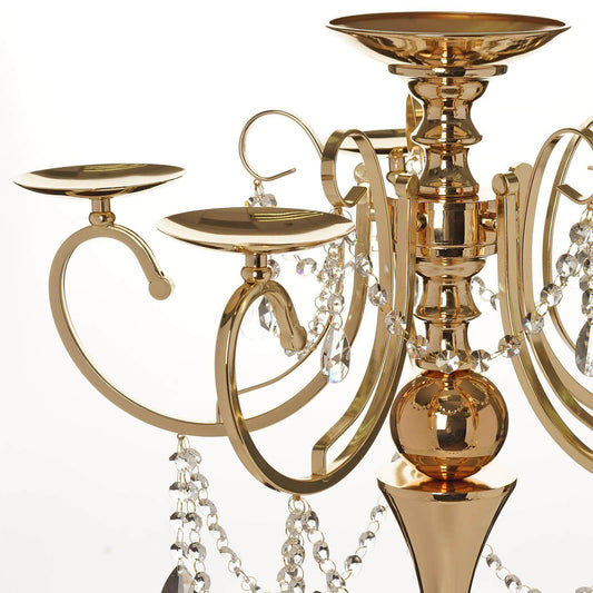Metal Candelabra 5 Arm Design Gold with Hanging Crystal Drops - Table Centerpiece for Events 27" - NestOCart