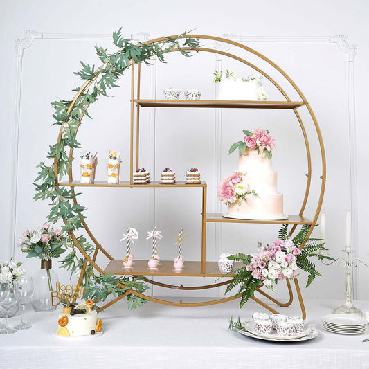 Metal Round Cake Dessert Display Stand 4ft Gold - Sturdy Large Modern Shelf Rack for Event Backdrops Balloon Garlands Floral Installations & Bookcase - Bell Racket Store