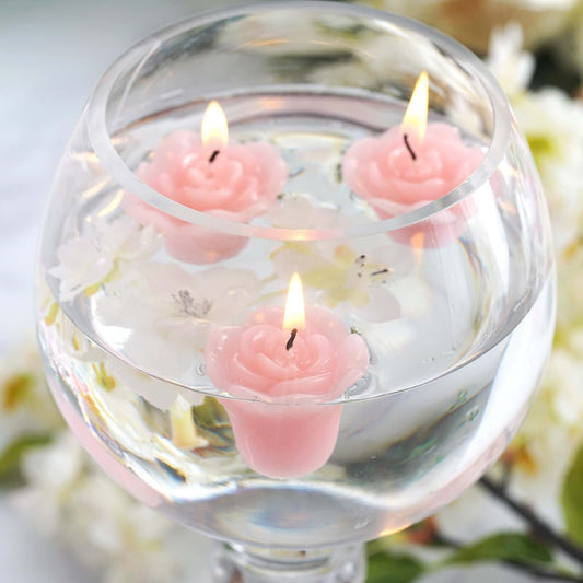12-Pack Mini Floating Candles Rose Flower Design Pink - Wedding Vase Fillers for Decor 1"