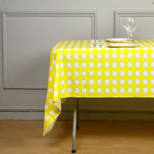 Plastic Table Cover White/Yellow Checkered Rectangle - Lightweight PVC Disposable Tablecloth 54"x108" - NestOCart