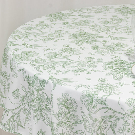 Polyester 90" Round Tablecloth White - Dusty Sage Green French Toile Pattern for Chic Weddings - Bell Racket Store